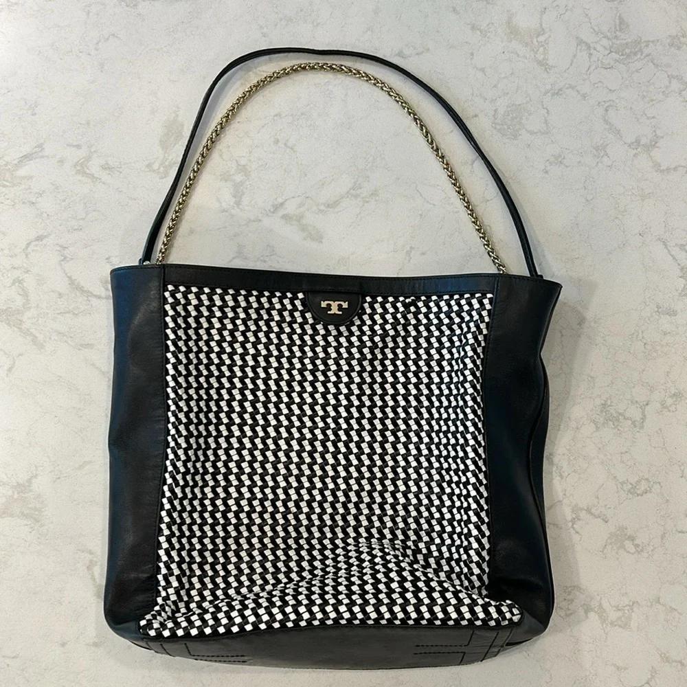 Tory Burch Erica Black/White Leather Woven Large Tote